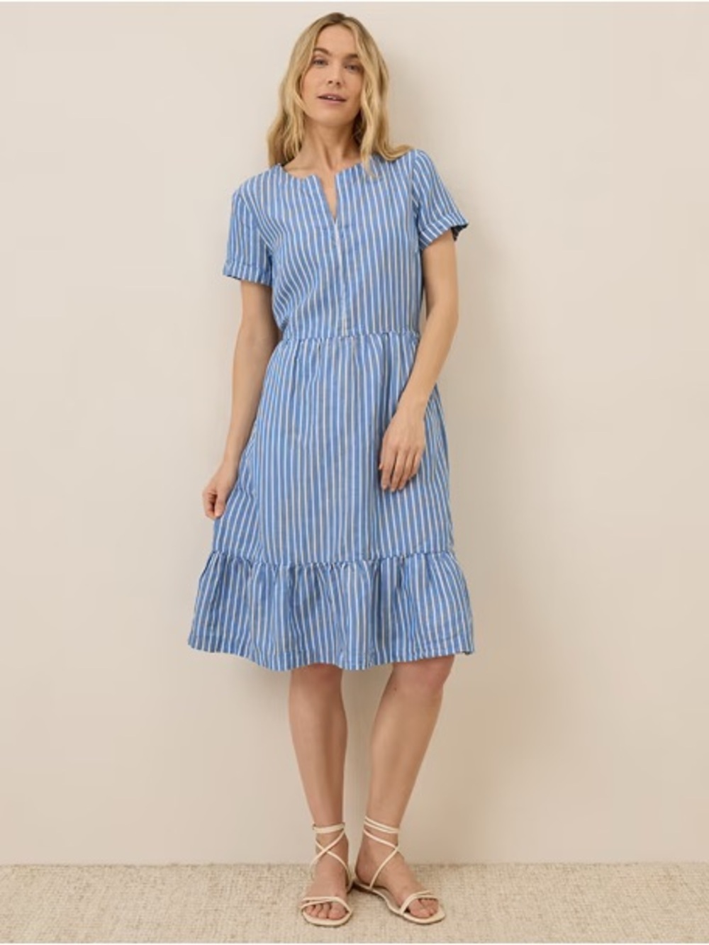 Pact Women’s Canopy Linen Blend Notch Neck Dress Blue/White Bondi Stripe Sz Med